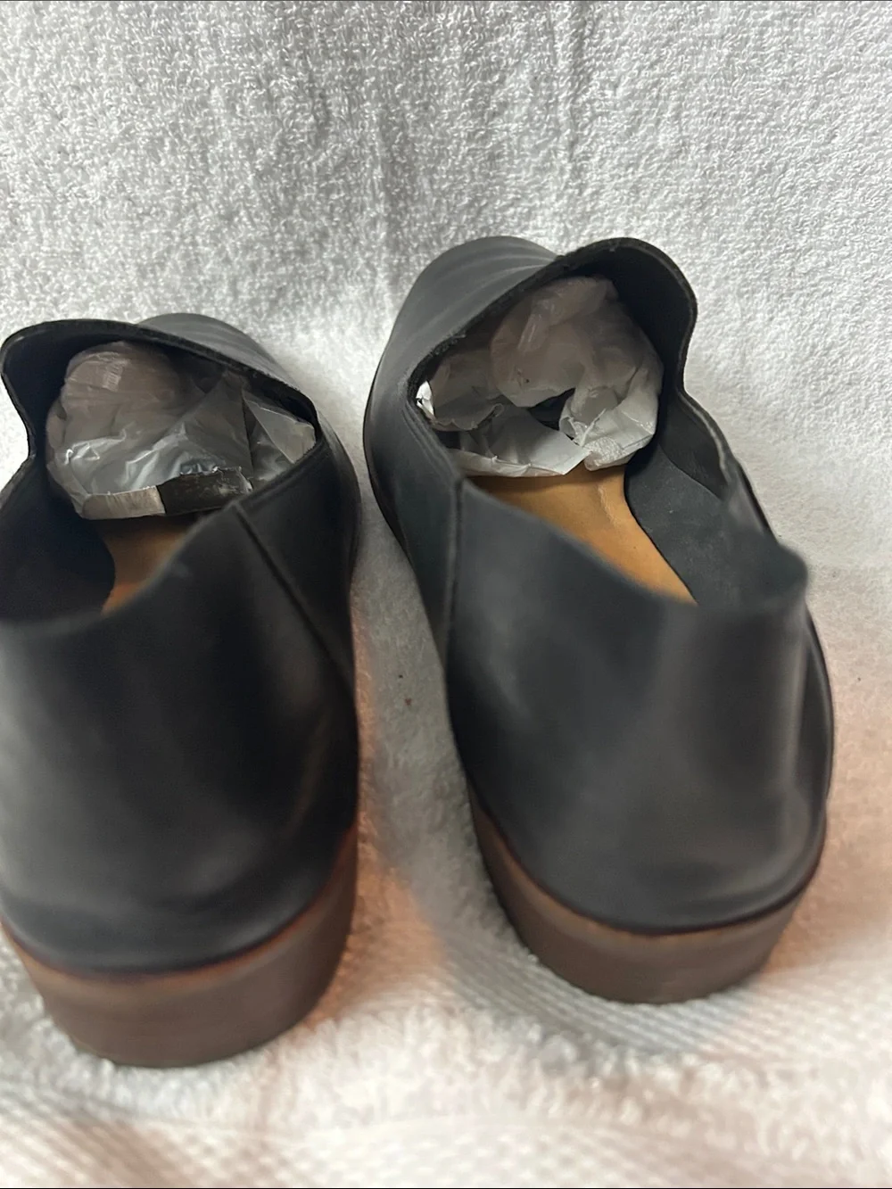Lucky Brand Black Leather Slip-On Loafers with Brown Stacked Heel